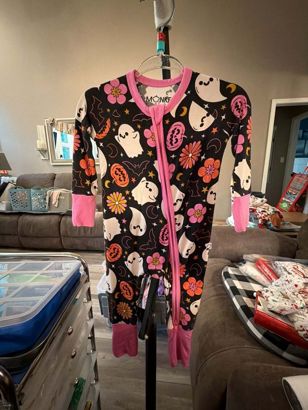 Monkee Roos Halloween Romper Size 0-3M Ghost Pumpkin Print Bamboo Zippy